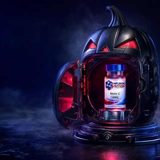 A MOTS-c vial sealed inside a glowing jack-o'-lantern containment chamber