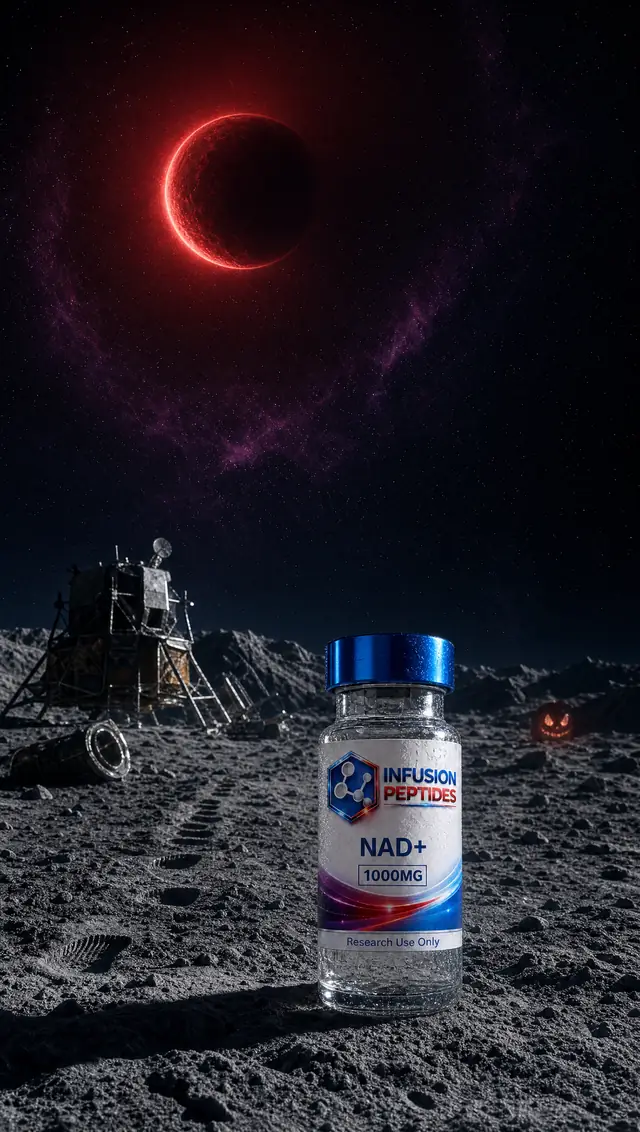 An Infusion Peptides NAD+ vial standing on the lunar surface beneath a red eclipsed moon, with a glowing jack-o'-lantern in the distance